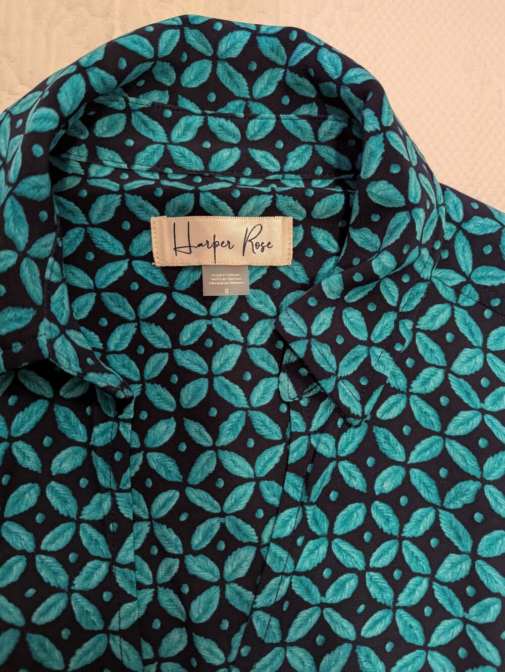 Harper Rose Teal & Navy Geometric Pattern Belted Shirt Dress - Size 8 - Picture 2 of 8